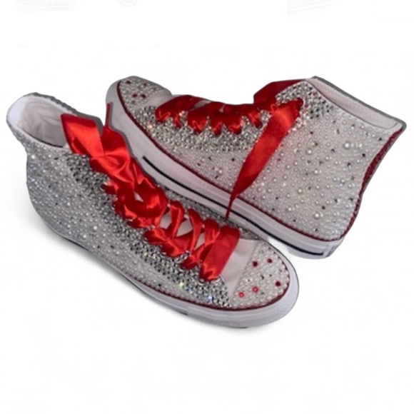 Siam Red Crystal Diamond & Pearls High Top Converse Sizes 5-14 New - Picture 5 of 14